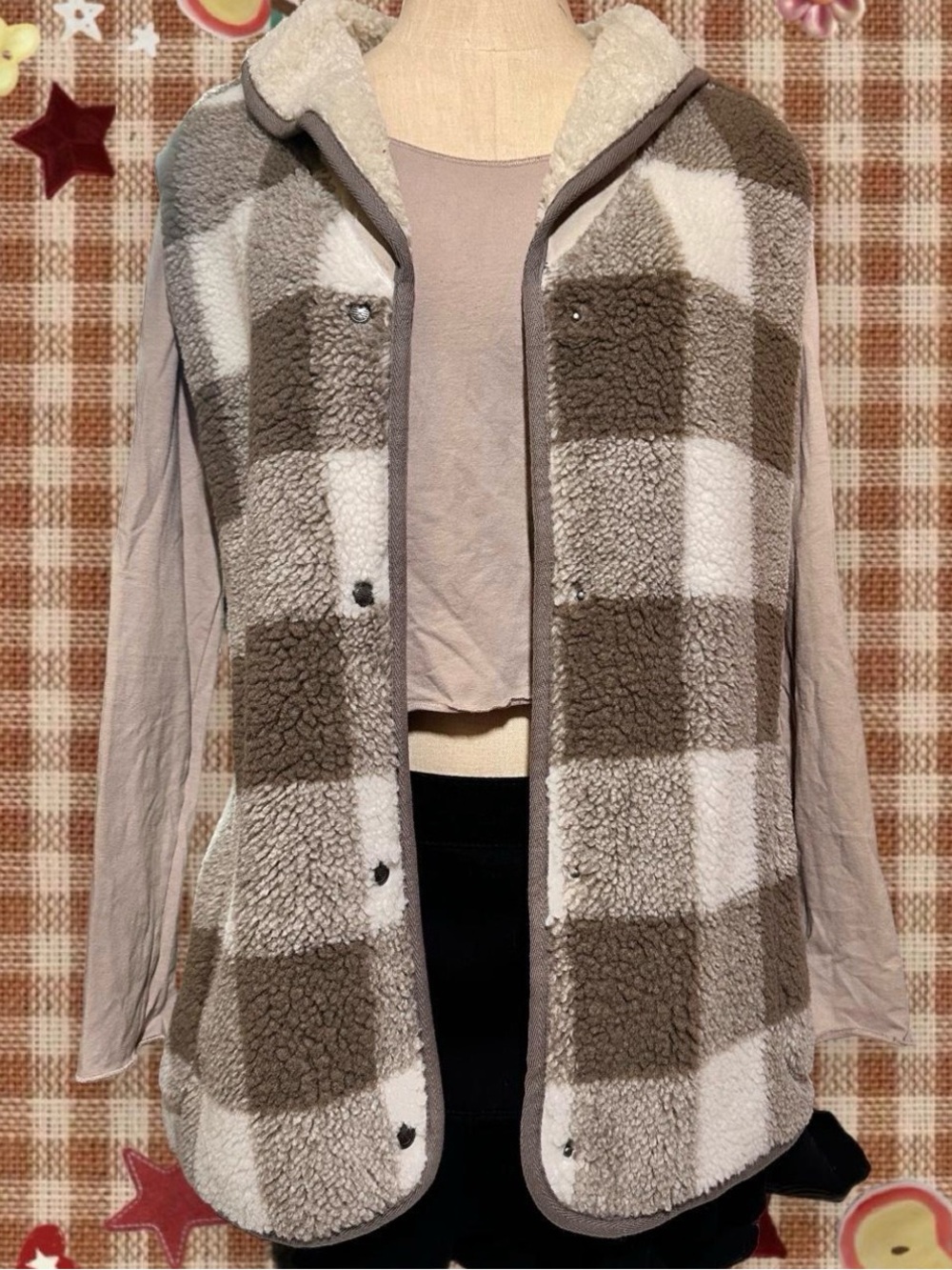 Cozy Indie Beige Brown Taupe & Cream Plaid Sherpa Vest